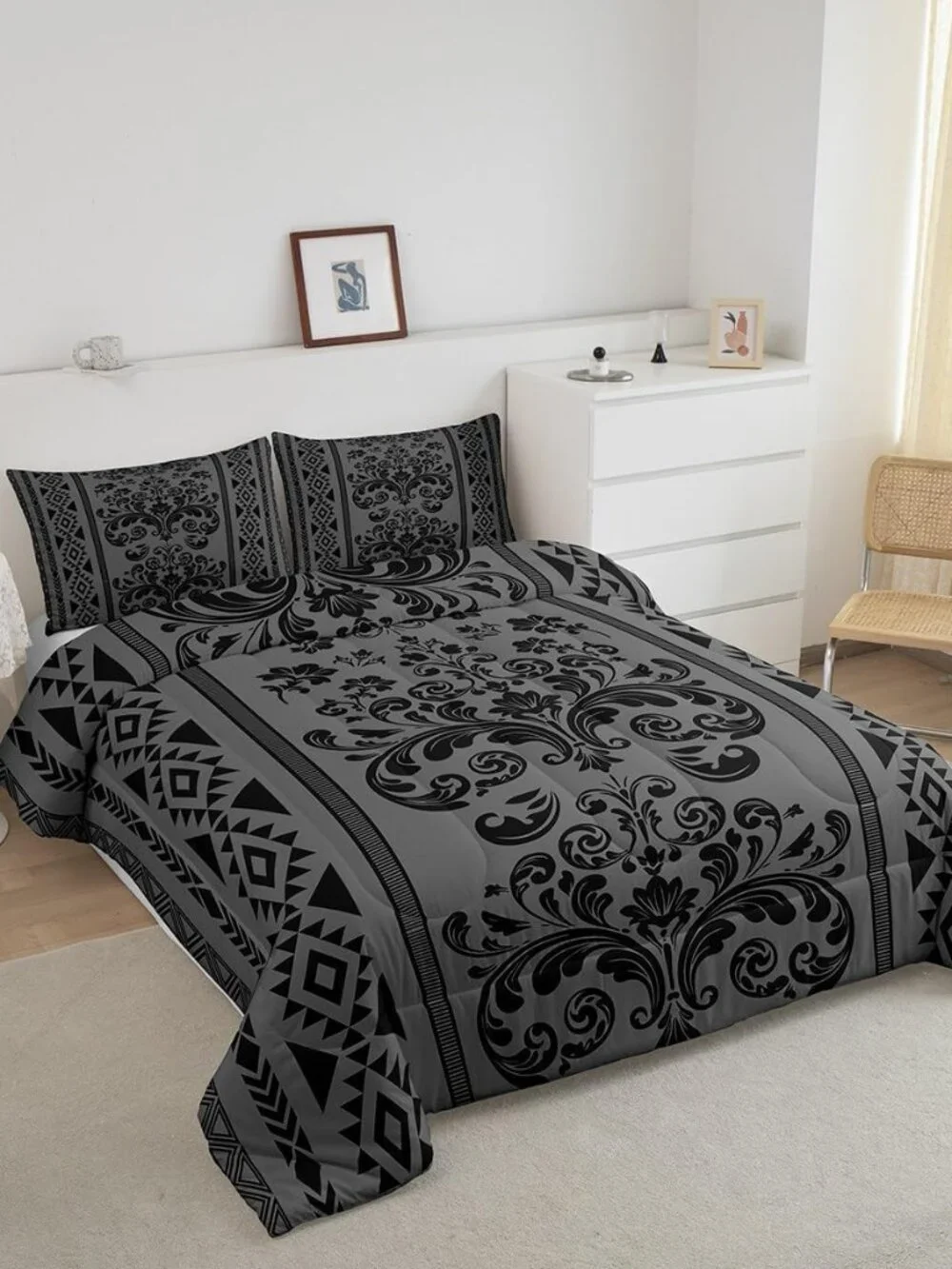 Comforter Set Twin Size,Grey Black Aztec Damask 2 Pcs Bedding for Kids and Adult